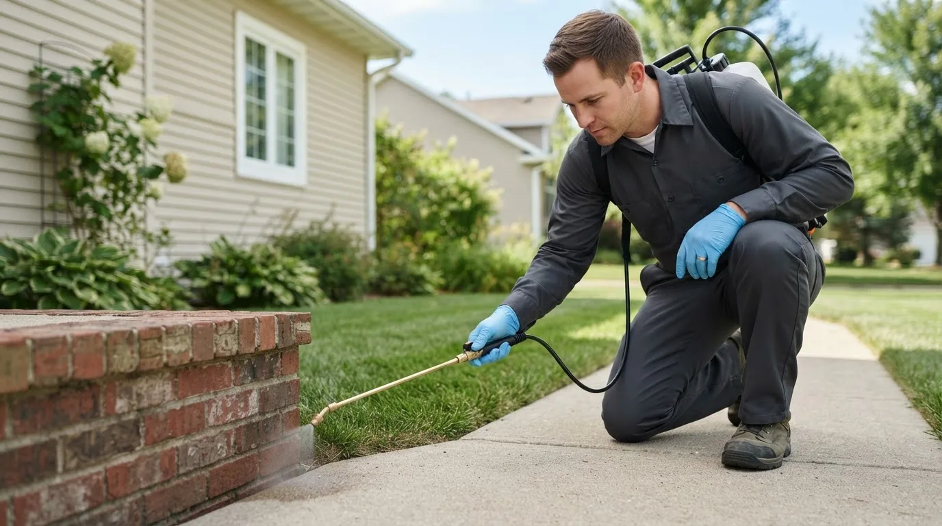 Pest control technician treating a home near Clear Lake, IA