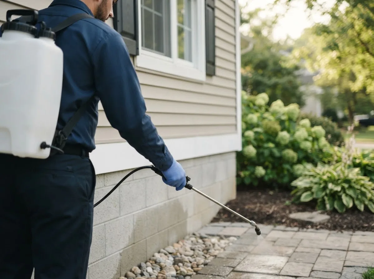 Pest control technician inspecting a home in Clear Lake, IA